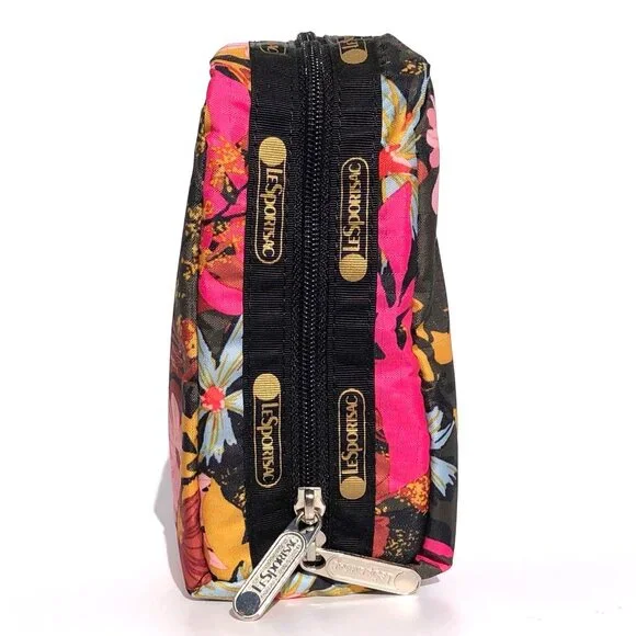 LeSportsac Rectangular Cosmetic Case black pink floral print travel domed zip - Picture 6 of 13